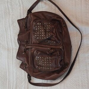Frye Brown Leather Studded Drawstring Shoulder Bag